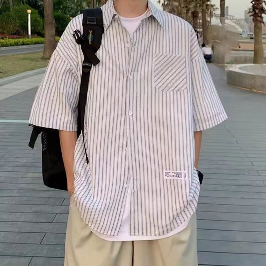 New Men's Short Sleeve Casual Shirt British Style Casual Striped Plaid Appliques Shirts Comfortable Button Male Business Shirts